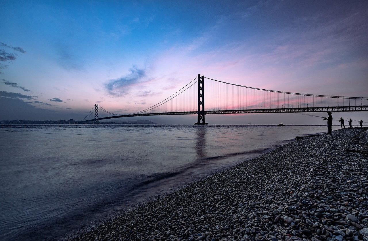 the akashi-kaikyo bridge, sea, silhouette, seto inland sea, coast, bridge, suspension bridge, angler, before sunrise, nature, japan