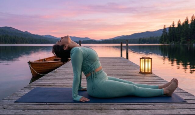 yoga, sunset, lake, wooden dock, exercise, meditation, mental health, wellness, relaxation, lifestyle, activewear, outdoor, yoga pose, calm atmosphere, water landscape, focus, nature, silence, fitness fashion, balance, self care