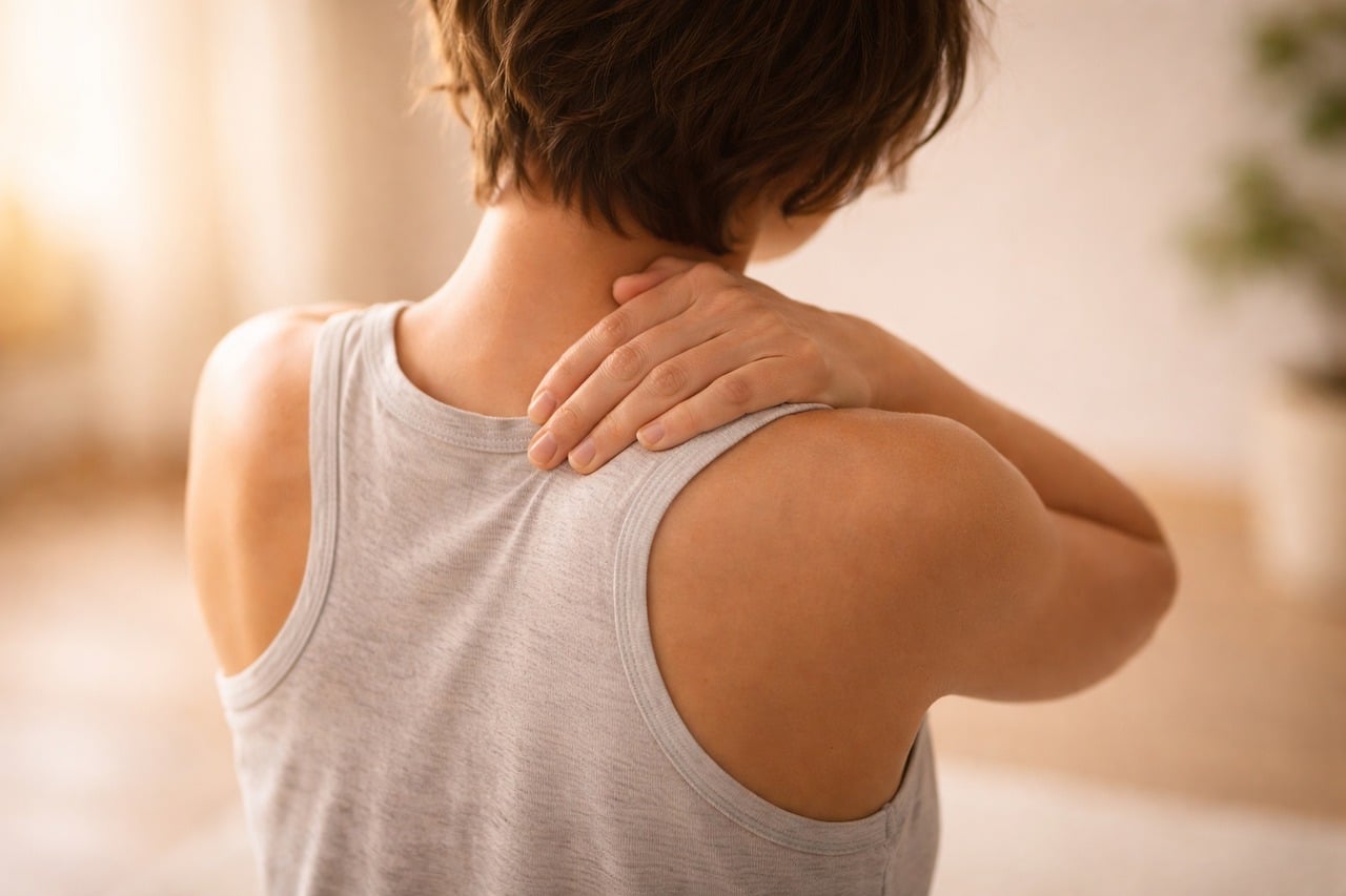 back surface, upper back, body awareness, self touch, relaxation, posture, mindfulness, muscle tension, health education, wellbeing, calm moment, home care