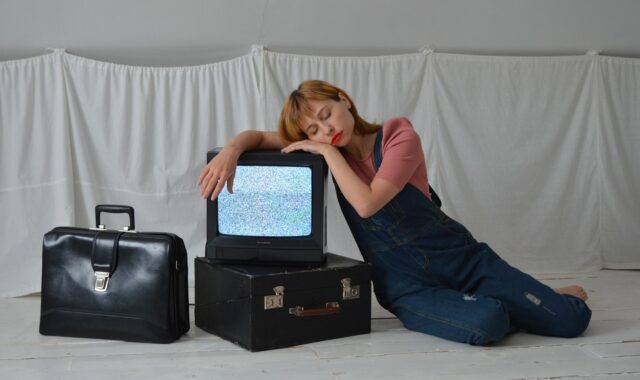 woman, television, vintage, retro, old tv, old things, suitcases, bags, girl with tv, fashion, denim jumpsuit, denim, girl, beautiful, pose, attic, portrait, television, television, old tv, old tv, old tv, old tv, old tv