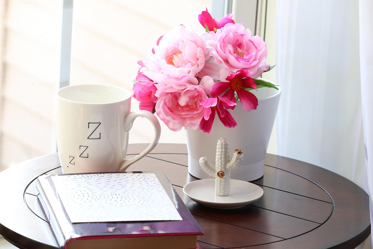 zzz, sleep, pink, flowers, wellness, self care, well being, flower wallpaper, care, beautiful flowers, nature, flower background, book, reading, tea, coffee, coffee cup, mug, book stand, bright, day, z's, cactus, trinket