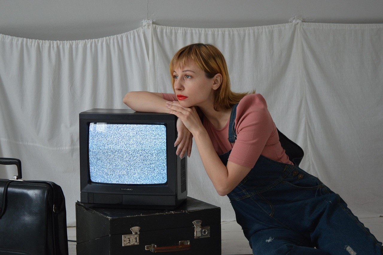 woman, television, vintage, retro, old tv, old things, suitcases, bags, girl with tv, fashion, denim jumpsuit, denim, girl, beautiful, pose, attic, portrait, old tv, old tv, old tv, old tv, old tv